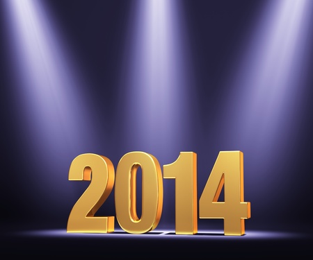 Gold 2014 on dark stage, brightly illuminated by three blue tinted spotlights の写真素材
