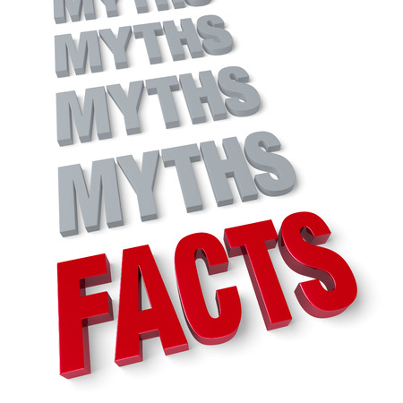 Bold, bright red  FACTS  in front of a row of plain, gray  MYTHS    Isolated on white の写真素材