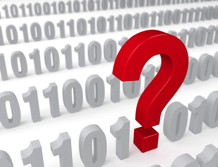 A large, red question mark stands out in a field of binary computer code  Shallow DOF with focus on...