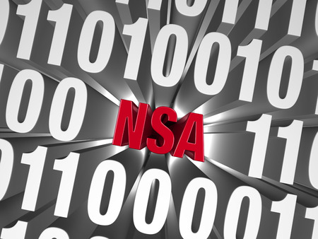 A small, red  NSA  is buried deep in a background of computer code の写真素材