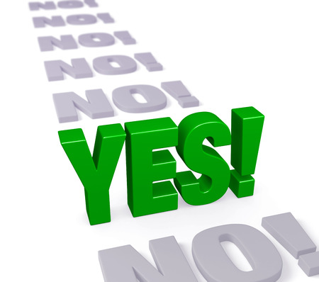 Sharp focus on bold, green  YES   standing up and dominanting a row of plain gray  NO s blurring and fading into the distance  Isolated on white の写真素材