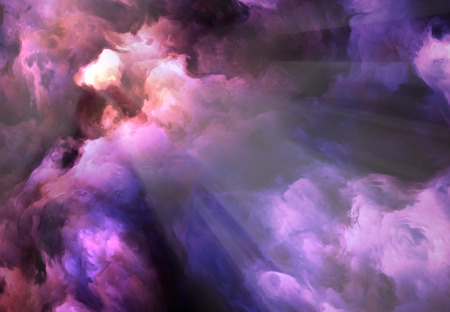 Surreal, vivid, dark purple and red storm clouds swirl and billow around a brilliant gap through which light rays stream の写真素材