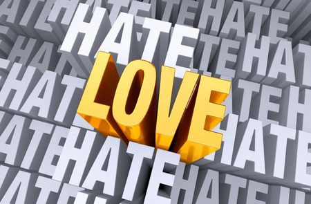 A bright, gold  LOVE  shines and rises above a background gray  HATE  の写真素材