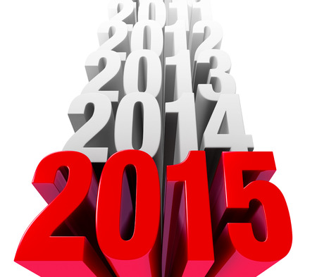 A shiny bold, red  2015  dominates the foreground with previous years in light gray stacked on top   Isolated on white  の写真素材