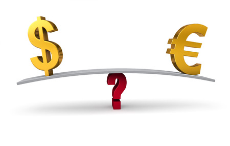 Bright, gold US Dollar and Euro signs sit on opposite ends of a gray board which is balanced on a red question mark  Isolated on white の写真素材