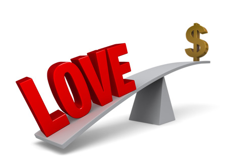 A bold, red LOVE weigh one end of a gray balance beam down while a gold dollar sign sits high in the air on the other end.の写真素材
