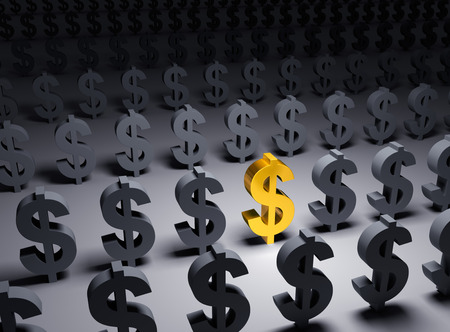 A bright, gold dollar sign stands out in a dark field of gray dollar signsの写真素材