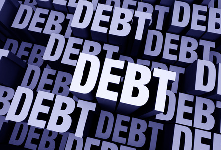 A 3D blue gray background filled with the word \"DEBT\" repeated many times a different depths.の写真素材