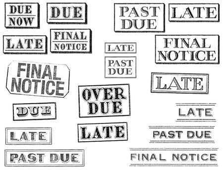 A set of large, distressed Late and Over Due-themed stamps isolated on white. Ideal for bitmap brushes, retro collages, etc.の写真素材