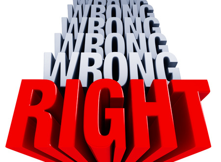 A shiny bold, red \"RIGHT\" dominates the foreground with many layers of \"WRONG\" in light gray stacked on top.の写真素材