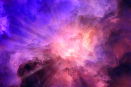 Light rays burst from roiling red and yellow clouds pushing aside calmer blue clouds.  Illustration representing intense energy, creation.の写真素材