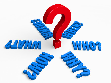 The words,  \"WHO?\", \"WHAT?\", \"WHERE?\", \"WHEN?\", \"HOW?\", and \"WHY?\" in blue radiate outwards from a large, red question mark.  Isolated on white.の写真素材