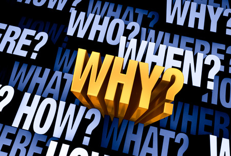 A bright, gold \"WHY?\" emerges from a 3D blue gray background filled with \"WHO?\", \"WHAT?\", \"WHERE?\", \"WHEN?\", \"HOW?\", and \"WHY?\" at different depths.の写真素材