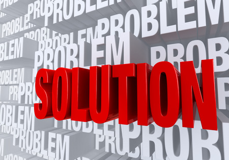 A bold, red \"SOLUTION\" dramatically pushes forward out of a light gray background of \"PROBLEM\"sの写真素材