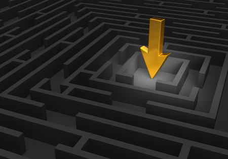 A spotlight reveals a large, gold arrow pointing at the center of a dark maze.の写真素材