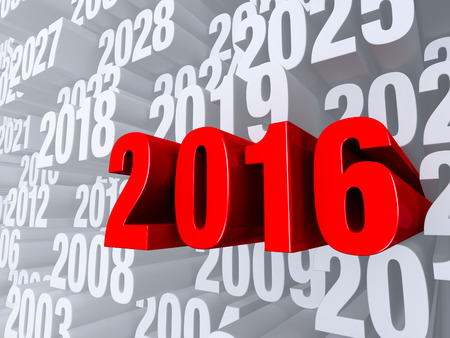 A bold, red "2016" dramatically pushes forward out of a light gray background filled with other years.の写真素材