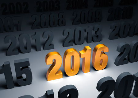 A shining, gold "2016" stands out in a dark field of other yearsの写真素材