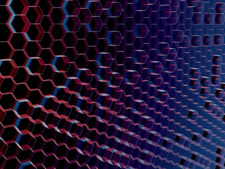 Illustrated background of semi-translucent blue and red hexagons packed together on a dark...
