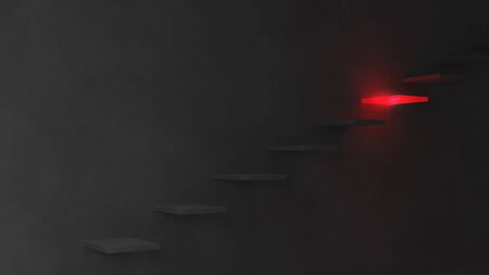 Illustration of dimly lit, gray concrete steps casting ominous shadows lead up the side of a gray concrete wall. A step near the top emits an ominous, glowing red warning light.の写真素材