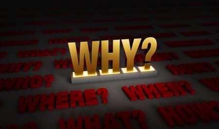 3d illustration of a shining gold "WHY" on brightly glowing panels, surrounded by a dark gray background filled with dark red "WHY?", "WHO?", "WHAT?", "WHEN?", "WHERE?", and "HOW?" questions.
の写真素材