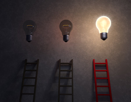 3d illustration of three ladders against a dark, concrete background. Two gray ladders reach up towards dimly lit lightbulbs while a third red ladder leads to a brilliant lightbulb glowing overhead. の写真素材