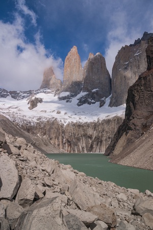 Torres del paine in Chilean National Park with lakeの写真素材