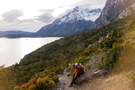 Torres del paine in Chilean National Park Los Cuernos trekking woman restingの写真素材
