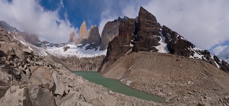 Torres del paine in Chilean National Park with lake PANORAMAの写真素材