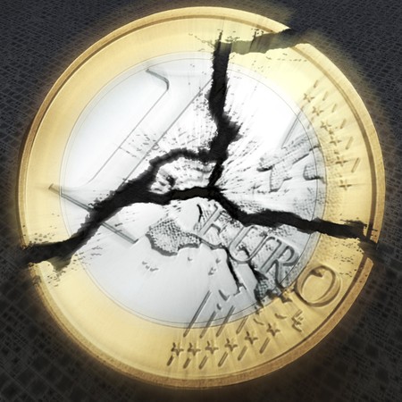 digital visualization of an broken euro coinの写真素材