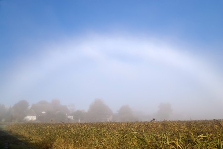 Morning scene in Ahrenshoop, Germany with rainbow in the hazeの写真素材