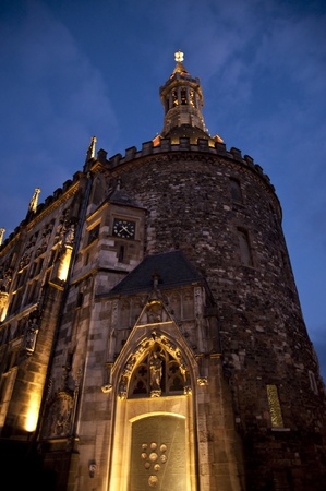 city hall of aachen, germany by nightの写真素材