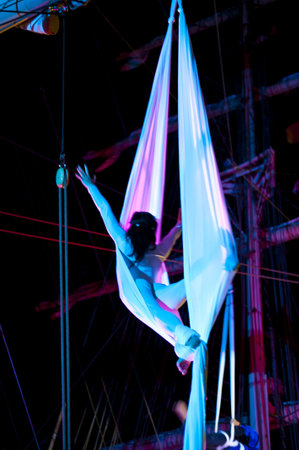 KIEL, GERMANY - JULY 18: Polish acrobat group "Ocelot" in the  rigging of sailing ship "Fryderyk Chopin" on the occasion of "Chopin / Polska / The Course" Tour in Kiel, July 18, 2010 in Kiel, Germanyのeditorial素材
