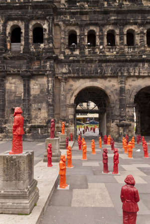 Porta Nigra with Marx Installation in Trier Germanyのeditorial素材
