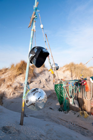 AMRUM, GERMANY - DECEMBER 29, 2014: On the Kniepsand Beach of  the North Frisian Island Amrum in Germany Land-Artists made Beach Huts and other Objects out of Flotsam and Jetsamのeditorial素材