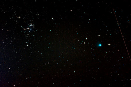 Starfield with Comet Lovejoy, Falling Star and Pleiades, Jan. 17, 2015 in Germany