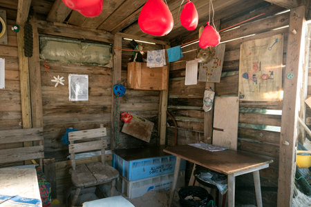 AMRUM, GERMANY - JANUARY 02, 2018: On the Kniepsand Beach of  the North Frisian Island Amrum in Germany Land-Artists made Beach Huts and other Objects out of Flotsam and Jetsamのeditorial素材