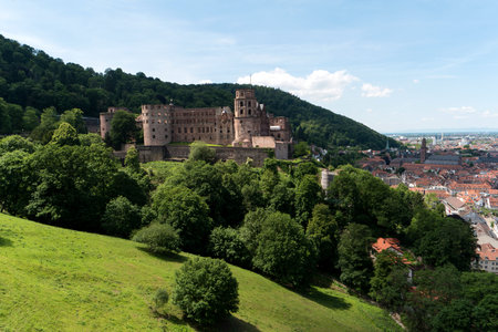 HEIDELBERG, GERMANY - JUNE 01, 2019: Heidelberg Castle is a ruin in Germany and landmark of Heidelberg. The castle ruins are among the most important Renaissance structures north of the Alps.  illustrative editorialのeditorial素材