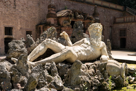 HEIDELBERG, GERMANY - JUNE 01, 2019: Heidelberg Castle is a ruin in Germany and landmark of Heidelberg. The castle ruins are among the most important Renaissance structures north of the Alps.  illustrative editorialのeditorial素材