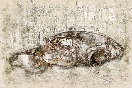 Digital artistic Sketch of a Scrap Car, based on own Photography, Property Release not required.の写真素材