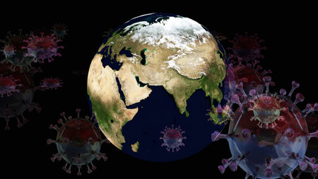 Artistic 3D illustration of the virus and earth globe