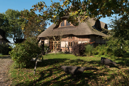 BARNSTORF ON DARSS, GERMANY - OCTOBER 06, 2021: The village is known for its picturesque colorful thatched roof houses with their country gardens.のeditorial素材