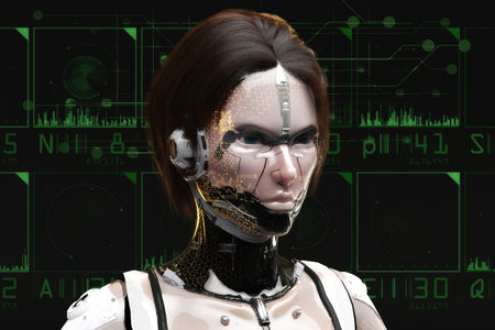 Artistic 3D illustration of a cyborg with artificial intelligenceの写真素材