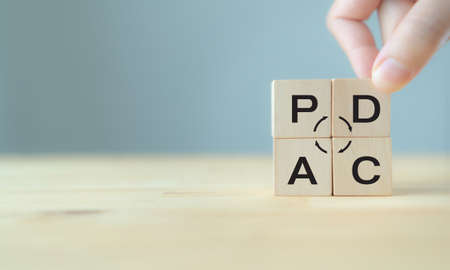 Plan do check action concept , PDCA on wooden cube block with grey background ;copy space.  Deming cycle concept business management method to control and continuous improvement of process and productの写真素材