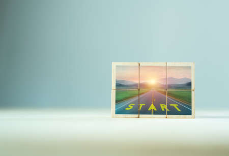 creating Business project start plan concept, start direction for reaching a goal achievment on wooden cube block. A way that describes in detail how a good business growth, success, progress, profitの写真素材