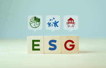 ESG concept of environmental, social and governance. Sustainable corporation development.  Wooden cubes with abbreviation ESG standing with other ESG icons on grey background, copy space. SDGs banner.の写真素材