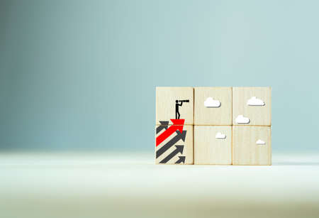 Searching new opportunities  concept. Visionary entrepreneur anticipating new trend. Professional ambitions, strategies, plans, creating innovation. New chance icon on wooden cube. Blue ocean strategyの写真素材