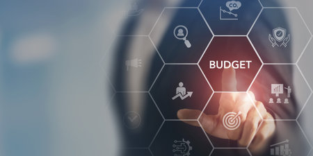 Budge planning and management concept. Company budget allocation for business or project management. Effective and smart budgeting. Plan, review, approve, allocate, analyze and optimize budgets.の写真素材