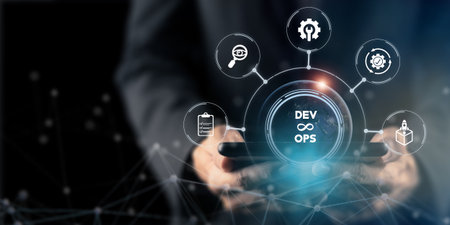 DevOps model. Solution for increasing organization's ability to deliver applications and services at high velocity. Combines software development (DEV) and IT operations. Coexist with agile software.の写真素材