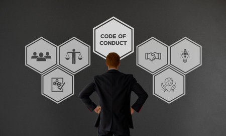 Code of conduct business concept. Business ethics concept. Norms, rules, and responsibilities or proper practices of an individual party or an organization. Business integrity, good governance policy.の写真素材