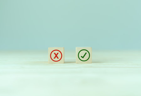Regulatory compliance, project feasibility concept. Tick and cross signs. Checkmark and cross icons. Do and don't or like and unlike with positive and negative sign, approve and disapprove symbols.の写真素材